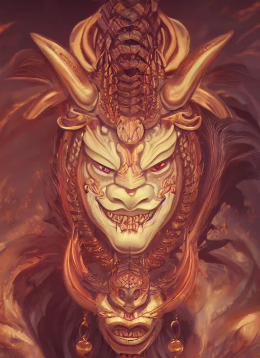 Image similar to a beautiful detailed oil on copper art illustration of a oni hannya mask shogun dragon devil woman, centered, by charlie bowater, zeng fanzh, trending on artstation, dim dusk lighting, cinematic lighting, detailed lighting, volumetric lighting, realistic, f 8, 4 k hd wallpaper