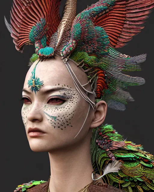 Prompt: 3 d warrior goddess close - up profile portrait. beautiful hyperrealistic intricate highly detailed chuu!! magpie helm and richly embroidered blouse, quetzalcoatl, bioluminescent, smolder, plasma, lava, ice, feather, windy, artwork by tooth wu and wlop and annie leibovitz, octane 3 d render