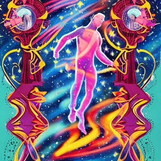 Prompt: Nasa hubble telescope image of a super massive Michael Flatley dancing in space with colourful elaborate detailed gas nebulae in the style of 1920s art nouveau fans at the sides
