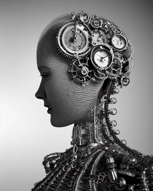 Image similar to mythical dreamy black and white organic translucent bio-mechanical spinal ribbed profile face portrait detail of steampunk mechanical beautiful female angelic-human-queen-realistic-cyborg, highly detailed, intricate crystal jelly ornate, poetic, 3D render, digital art, octane render, 8K artistic photography, photo-realistic, by Dora Maar