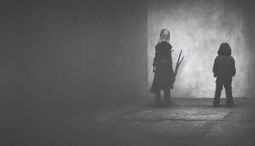 Image similar to a alone child, alone in the darkside, cold place, mother of witchers, spirits in the dark, real atmosphere, old home decor, crossbreeding, lightness, sad atmosphere, the loner, witcher, a jean