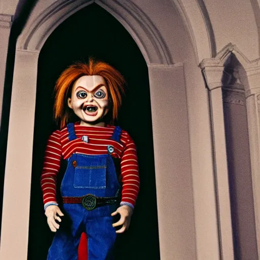 Image similar to chucky the killer doll standing in a church