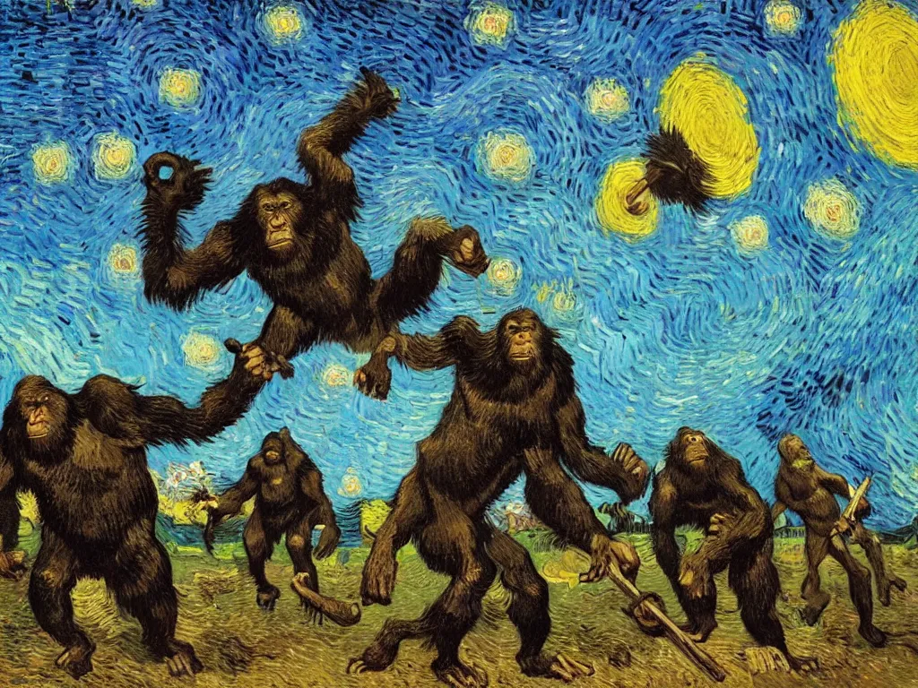 Prompt: bright beautiful oil painting of primitive apes throwing bones at a giant black monolith at dawn, light scatter, van gogh