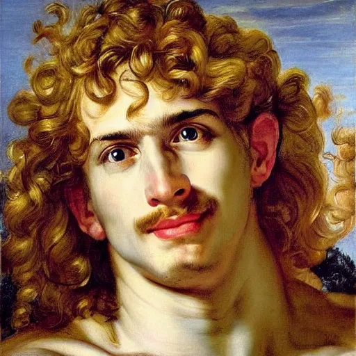 Image similar to beautiful portrait painting of the Greek god Apollo bei ng worshipped by his subjects with long curly blond hair, delicate young man wearing an open poet shirt smiling sleepily at the viewer, symmetrically parted curtain bangs, in love by Peter Paul Rubens and Norman Rockwell