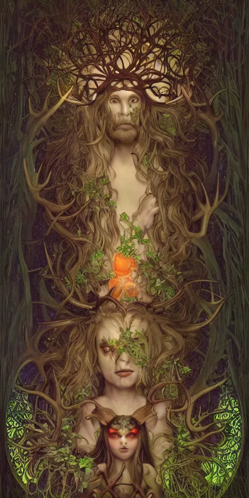 Prompt: intense bioluminescent pagan god with antlers and fangs and intense glowing eyes in very dark forest by mark ryden and alphonse mucha, portrait, fantasy, clear, light beams, lens flare, intense, uhd, amazing depth, cinematic lighting