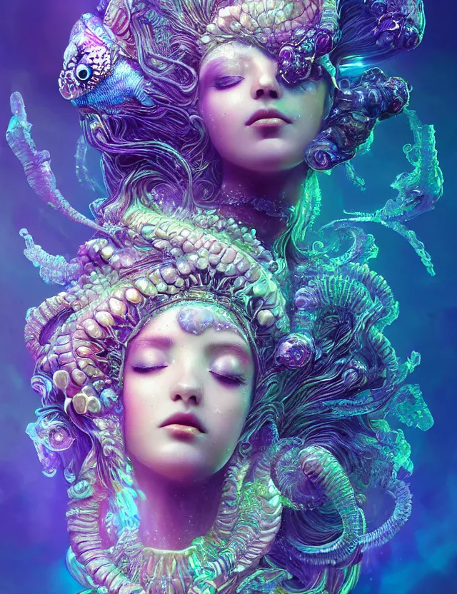 Image similar to goddess macro close - up portrait in crown made of ram skull. betta fish, jellyfish phoenix, bioluminiscent, plasma, ice, water, wind, creature, super intricate ornaments artwork by tooth wu and wlop and beeple and greg rutkowski