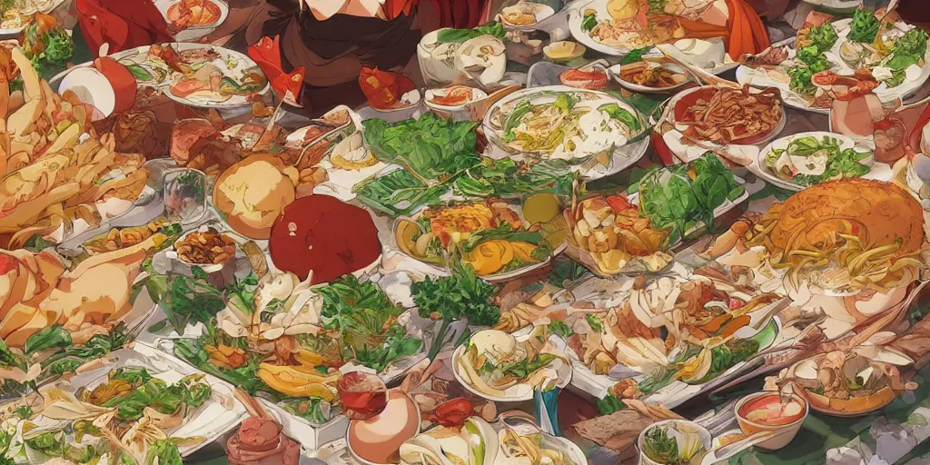 Prompt: A feast for a king, very detailed, anime, Delicious, Plump, Juicy, Hot Food, large white border, hd, high resolution print :1 Red, Gold and Green by Sachin Teng, Hayao Miyazaki, Nausicaa, studio Ghibli style, Anime wallpaper, cell shading, trending on deviant art :1