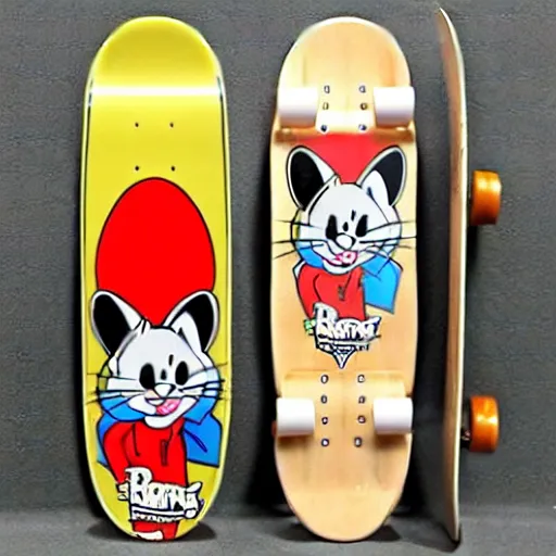 Prompt: Tom and jerry themed skate board, skate board design, underside, glossy, lots of detail, Tom and jerry themed