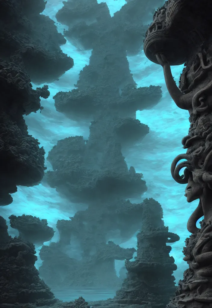 Image similar to low ultrawide shot, dark, underwater statues, submerged pre - incan temple with carvings, abyss, stylized, anime style mixed with fujifilm, detailed gouache paintings, crepuscular rays, dark, murky, foggy, atmospheric, artstation, cgsociety, unreal engine 5, octane render