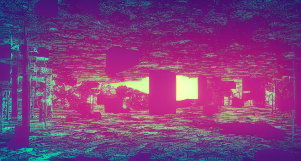 Image similar to 80s vaporwave outrun 3d Render of red deep sea forest, liminal space retro, grainy, noisy