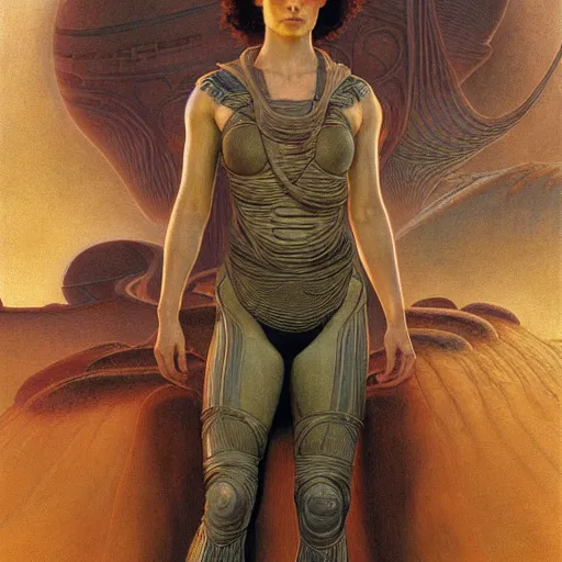 Prompt: masterpiece full body portrait of Ripley with a perfect body on Dune, by Edgar Maxence and Ross Tran and Michael Whelan and Gustav Klimpt