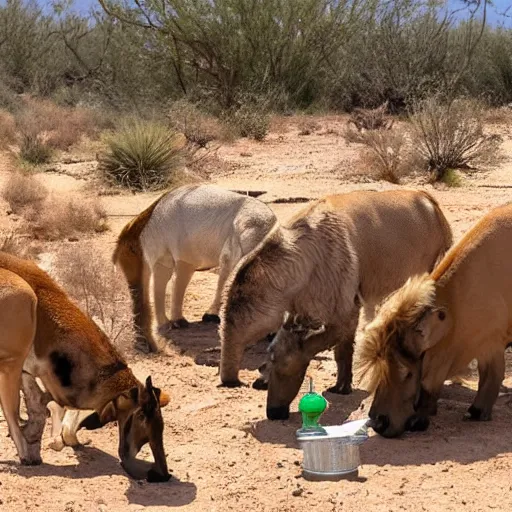 Prompt: animals drinking at a desert oasis