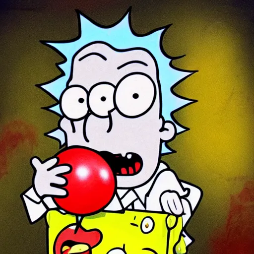 Image similar to grunge painting of spongebob with a wide smile and a red balloon rick and morty style, creepy lighting, horror theme, detailed, elegant, intricate, conceptual