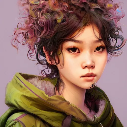 Image similar to portrait of a cute Thai girl with a messy curly hair, pastel hair, streetwear fashion, highly detailed, digital painting, artstation, concept art, sharp focus, illustration, art by artgerm and greg rutkowski and alphonse mucha