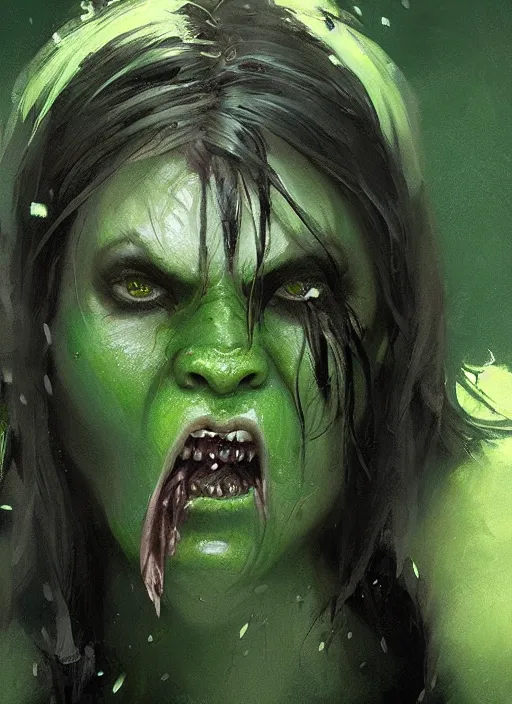 Prompt: green orc female with fangs, light green tone beautiful face by jeremy mann, greg rutkowski, noah bradley, digital painting