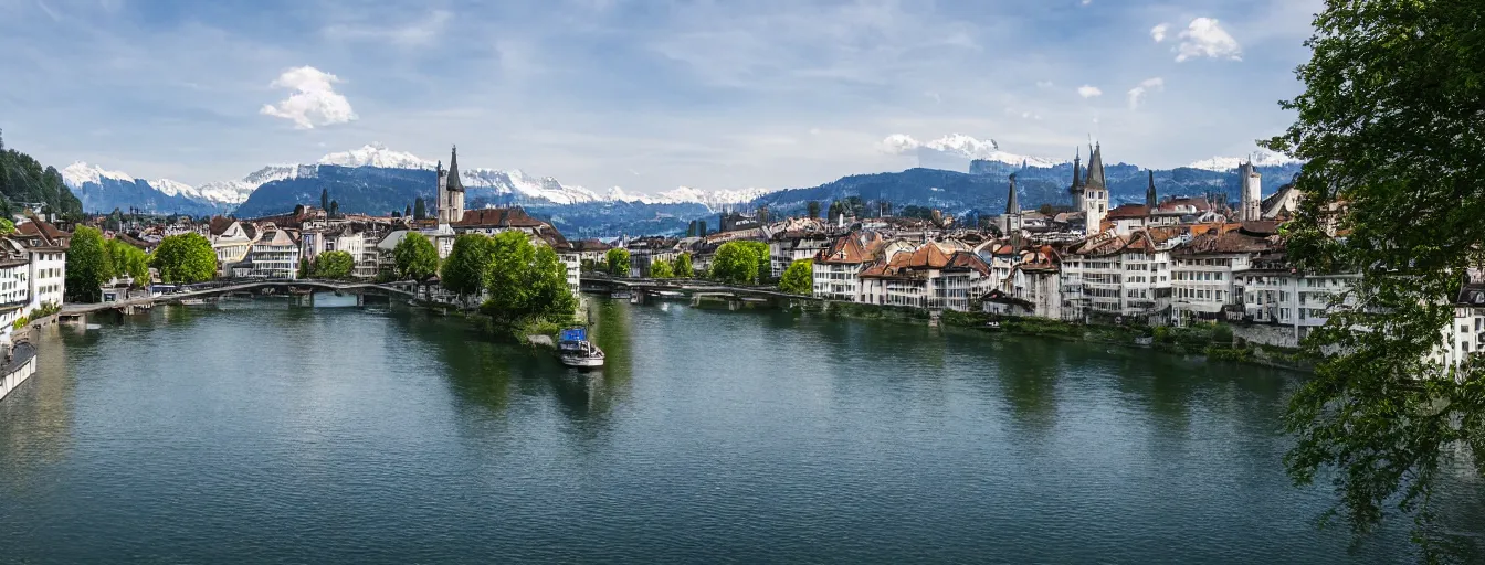 Image similar to Photo of Zurich, looking down the Limmat at the lake and the alps, Hardturm, Grossmünster, Lindenhof, Üetliberg, wide angle, volumetric light, hyperdetailed, light blue water, artstation, cgsociety, 8k