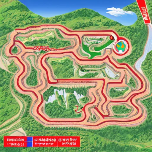 Image similar to North Korean forest hiking trail guide photo Mario kart Wii racetrack top down design.