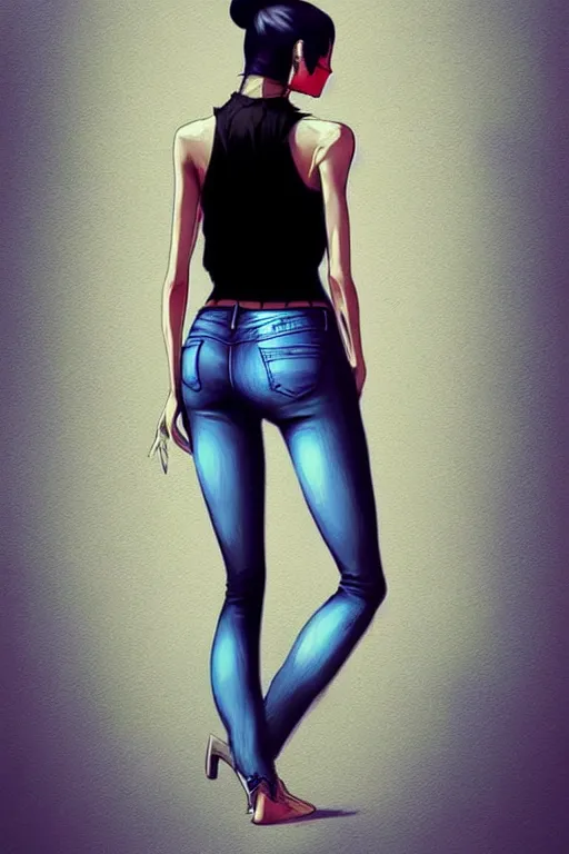 Prompt: a ultradetailed beautiful full body painting of a stylish woman with a ponytail, she is wearing a black tank top and jeans, by conrad roset, greg rutkowski and makoto shinkai trending on artstation