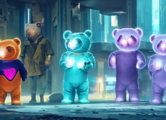 Image similar to film still of cyberpunk care bears in new sci - fi movie, 4 k