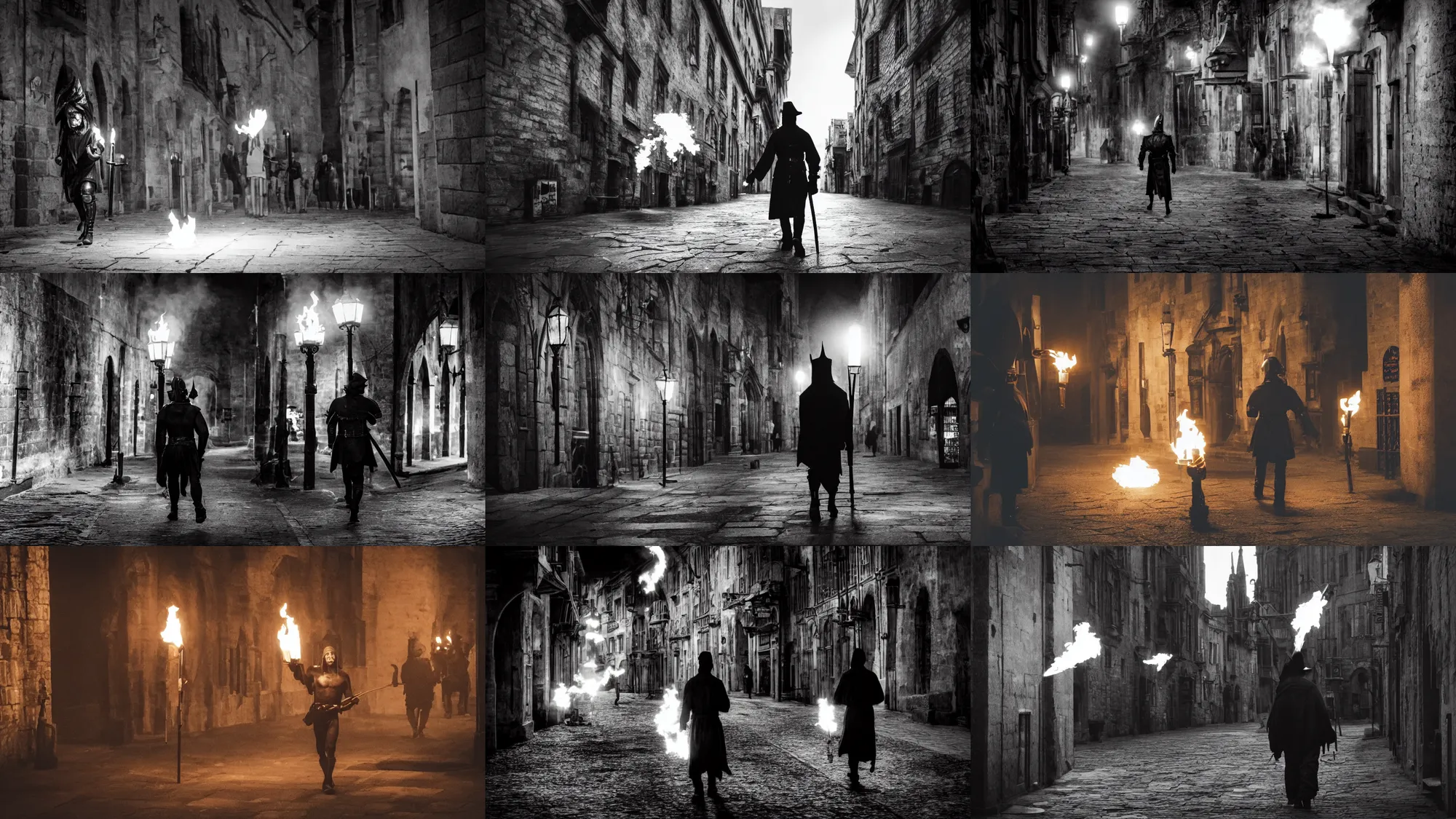 Prompt: A dark creature walks through a medieval city, torches, dark, medieval