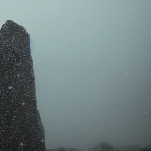 Prompt: a taiga with a large monolith hovering above it. overcast sky, snowing.