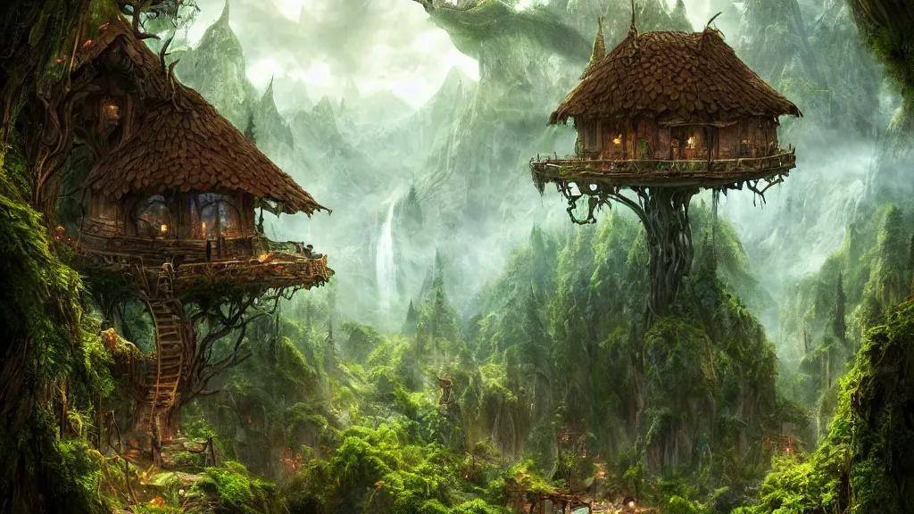 elves living in elven treehouses, beautiful landscape