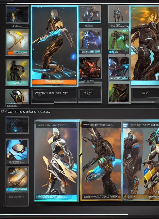 Image similar to warframe with trading card ui and ornate border frame, art station