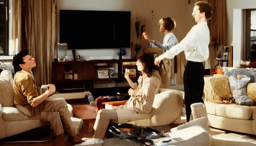 Prompt: 1990s candid 35mm photo of a beautiful day in the living room, cinematic lighting, cinematic look, golden hour, a magical salesman comes out of the TV and aggressively tries to sell the family a car, UHD