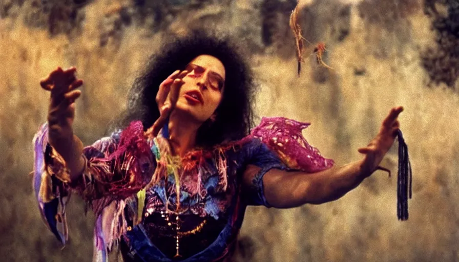 Image similar to movie still by alejandro jodorowsky, portrait of a multicultural beautiful female shamanic cult magician, performing a ritual to manifest dreams, magic details, cinestill 8 0 0 t eastmancolor technicolor, high quality, very detailed, heavy grain, fine facial features, 8 k, octane render