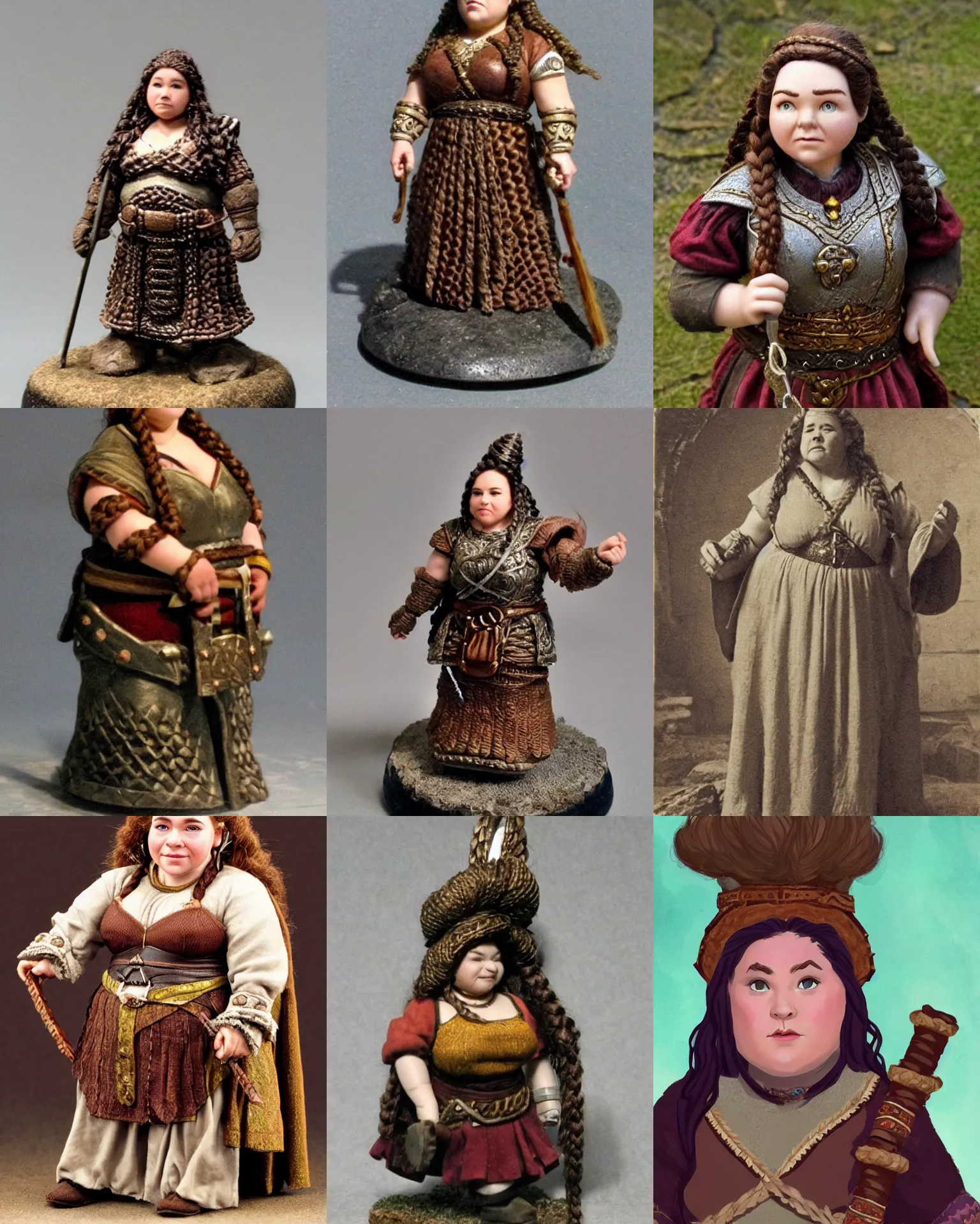 Prompt: female dwarven noblewoman, chubby short stature, braided intricate hair, byedward hopper