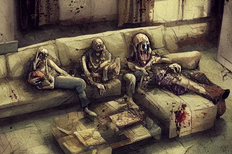 Image similar to old zombie couple on a couch, watching TV, in a small room, small paintings on the wall, light flickering, intricate painting, view from above, wide angle lens, isometric, in the style of mixed media, collage, by Craig Mullins, by Karel Thole, by JC Leyendecker, by Mattias Adolfsson