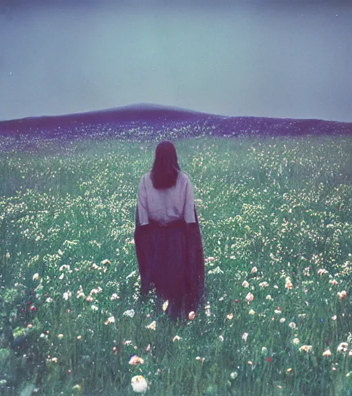 Prompt: mystical death god standing in tall meadow of flowers, distant, vintage film photo, grainy, high detail, high resolution