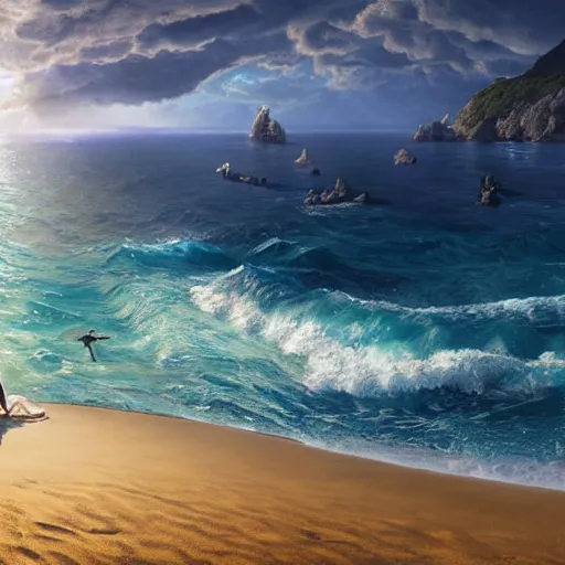 Prompt: a highly detailed tarot card of poseidon revealing himself, riding a horse out of the ocean woman sitting in the sand watching the ocean, epic fantasy, god rays, rocky beach, ultrawide lense, aerial photography, unreal engine, exquisite detail, 8 k, art by albert bierstadt and greg rutkowski and jeong seon