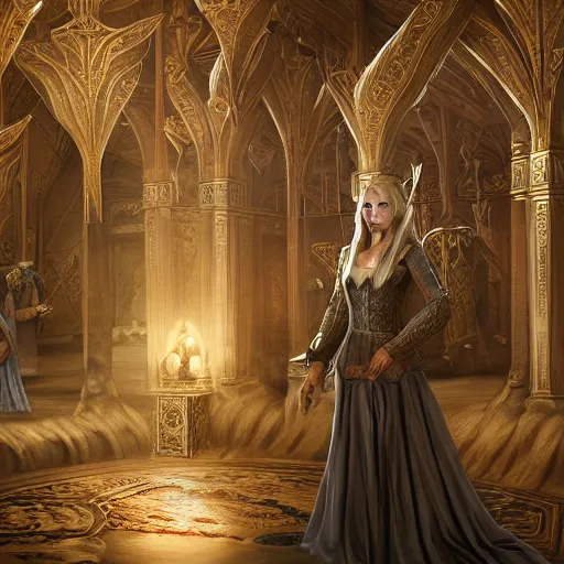 Prompt: the elder scrolls vi, regal blonde high elf royalty, portrait, exquisitely detailed throne room, atmospheric lighting, painted, intricate, volumetric lighting, beautiful, daytime,, slight overcast weather, 4 5 0 0 k, sharp focus, deep colours, ultra detailed, by leesha hannigan, ross tran, thierry doizon, kai carpenter, ignacio fernandez rios