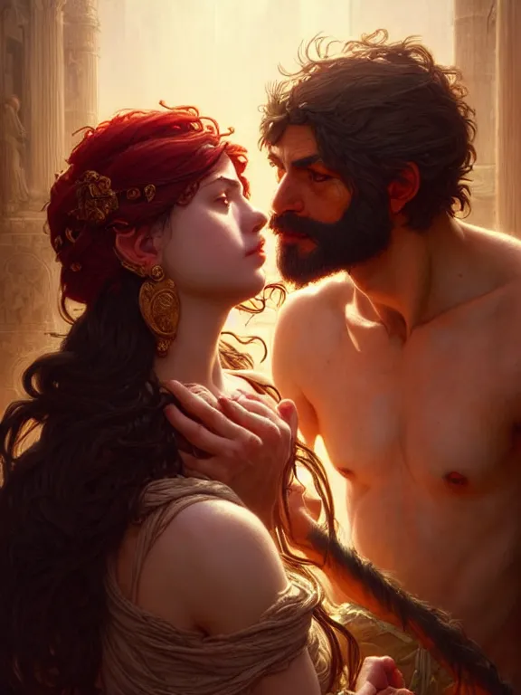 Prompt: samson and delilah, coveted, beautiful and aesthetic, intricate, unreal engine, messy hair, highly detailed, detailed face, smooth, sharp focus, chiaroscuro, renaissance illustration, artgerm, greg rutkowski, ilya kuvshinov, rossdraws, alphonse mucha, young adult light novel cover art