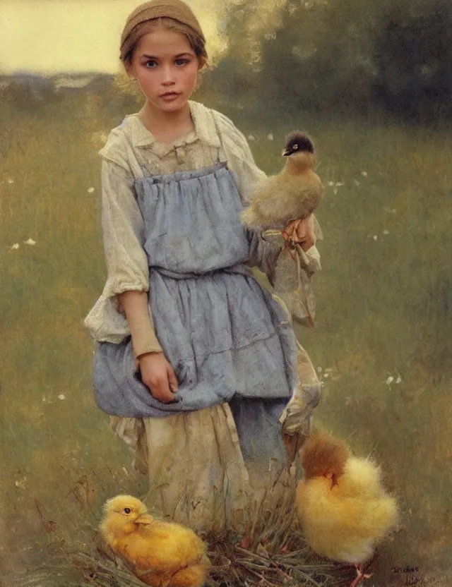 Image similar to portrait of little peasant girl with chick, cottage core, cinematic focus, polaroid photo bleached vintage pastel colors high - key lighting, soft lights, foggy, by steve hanks, by lisa yuskavage, by serov valentin, by tarkovsky, 8 detailed, oil on canvas