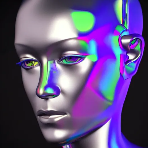 Image similar to 3d render of holographic human robotic head made of glossy iridescent, surrealistic 3d illustration of a human face non-binary, non binary model, 3d model human, cryengine, made of holographic texture, holographic material, holographic rainbow, concept of cyborg and artificial intelligence