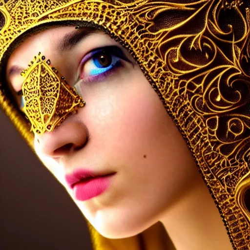 Image similar to an award finning closeup photo by a famous portrait photographer of a beautiful female bohemian cyberpunk musician in filigree fractal robes