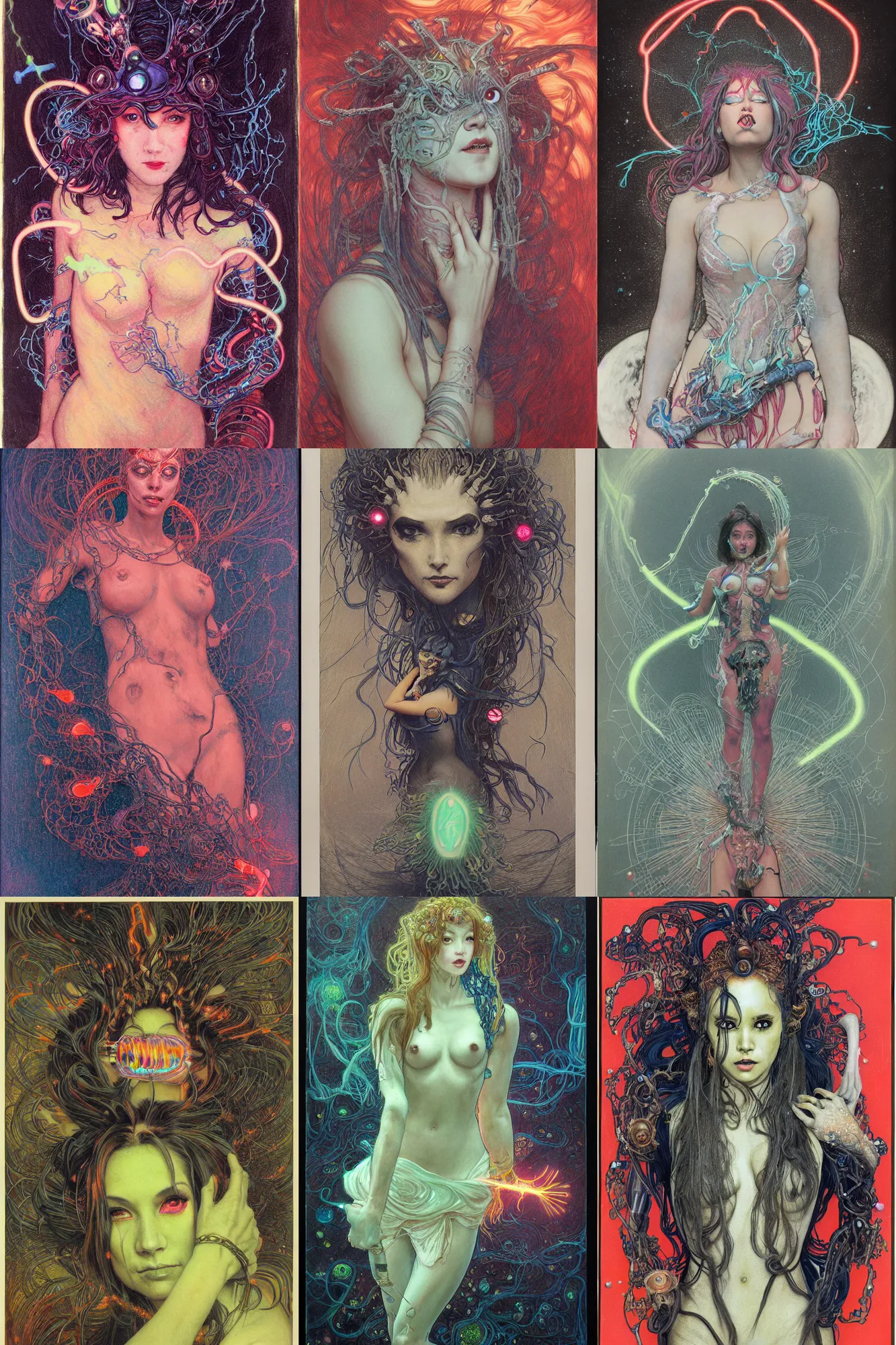 Prompt: gum bichromate print of awe-inspiring award-winning concept art full body face portrait painting of lithe, attractive anglerfish cyberpunk Ashley Liao in neon shrouds as the goddess of lasers, sparks, by Julie Bell, Jean Delville, Virgil Finlay, Alphonse Mucha, Ayami Kojima, Amano, Charlie Bowater, Karol Bak, Greg Hildebrandt, Jean Delville, Frank Frazetta, Peter Kemp, and Pierre Puvis de Chavannesa, extremely moody lighting, glowing light and shadow, atmospheric, shadowy, cinematic, 8K,