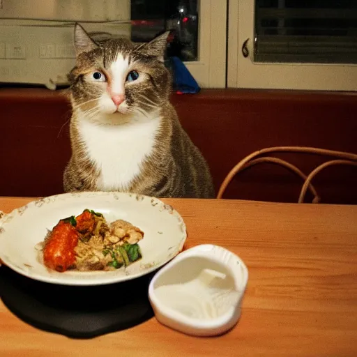 Prompt: dinner for one, but it is with cats, 5 5 mm