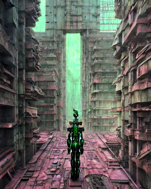 Image similar to hyperrealistic highly detailed exoskeleton mecha iridescent pink brutalist city ruins background concept art santiago caruso de chirico sharp very dramatic green light 8k low angle shallow depth of field