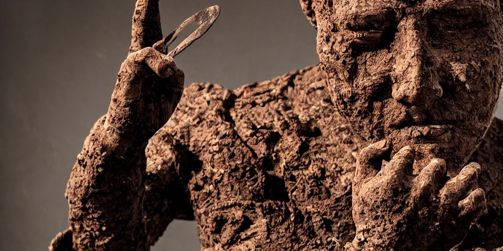 Image similar to highly detailed photography of a men made of rust clay, big rocks, hand gesture, sharp focus, clay texture, dramatic scene, aesthetic, dynamic lighting, elegant, harmony, masterpiece, by javier marin, high quality, spatula