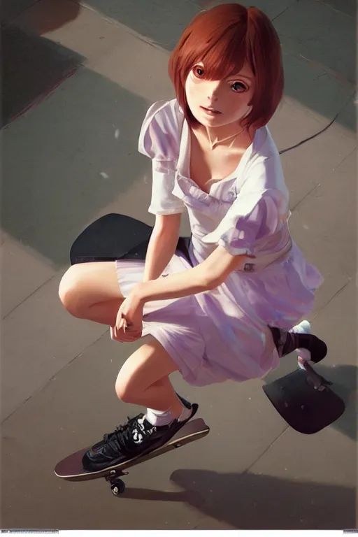 Image similar to A ultradetailed beautiful panting of a stylish woman in a maid outfit skateboarding, Oil painting, by Ilya Kuvshinov, Greg Rutkowski and Makoto Shinkai