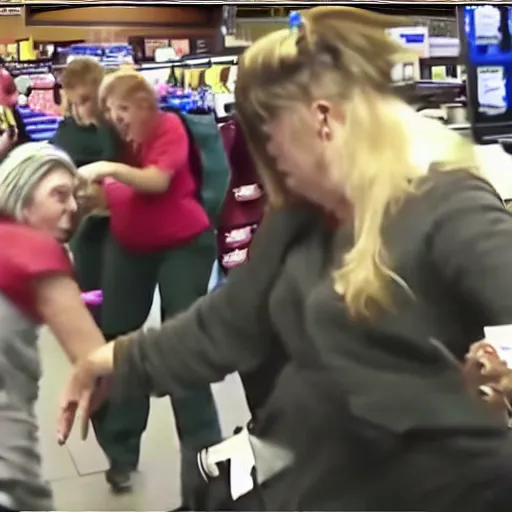 Prompt: Exhausted retail workers take out rage on elderly lady