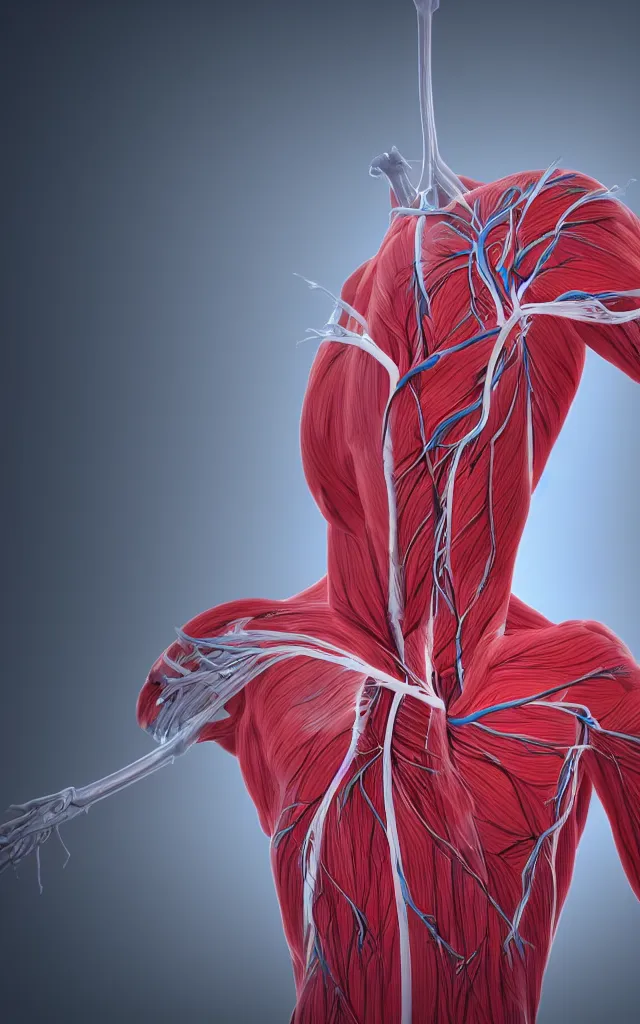 Image similar to intricated scientific medical 3d animation of the muscles and veins of a human with a heart in their hands photography 3d octane render