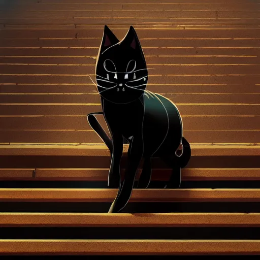 Image similar to wide shot of black cat walking down the stairs, outdoor, daytime, long shadows, highly detailed, warm colors, artstation, concept art, sharp focus, illustration, masterpiece