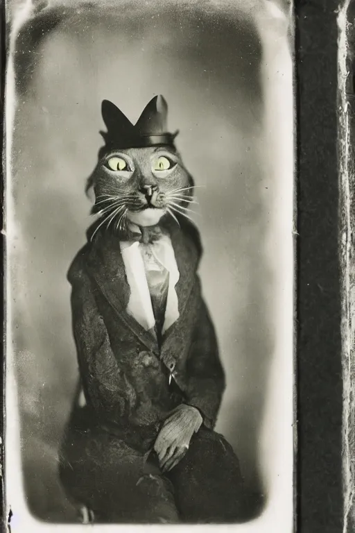 Prompt: a wet plate photo of an anthropomorphic cat king