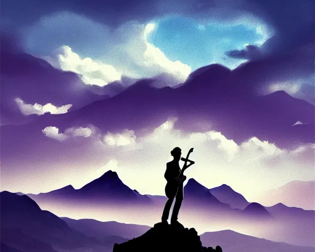 Image similar to A silhouette figure of a man with a guitar obscured by clouds that look like mountains high in the sky, the clouds are a deep blue purple color with the sun blazing behind the clouds, deep focus, D&D, fantasy, intricate, elegant, highly detailed, digital painting, artstation, concept art, matte, sharp focus, illustration, hearthstone, art by Artgerm and Greg Rutkowski and Alphonse Mucha