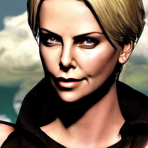 Image similar to charlize theron portrait, borderlands, tales from the borderlands, the wolf among us, comic, cinematic lighting, studio quality, 8 k