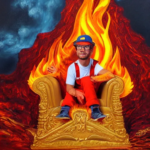 Image similar to close-up of Blippi sitting on a golden throne in a fiery hellish cave, oil painting, 8k, highly detailed, highly intricate,